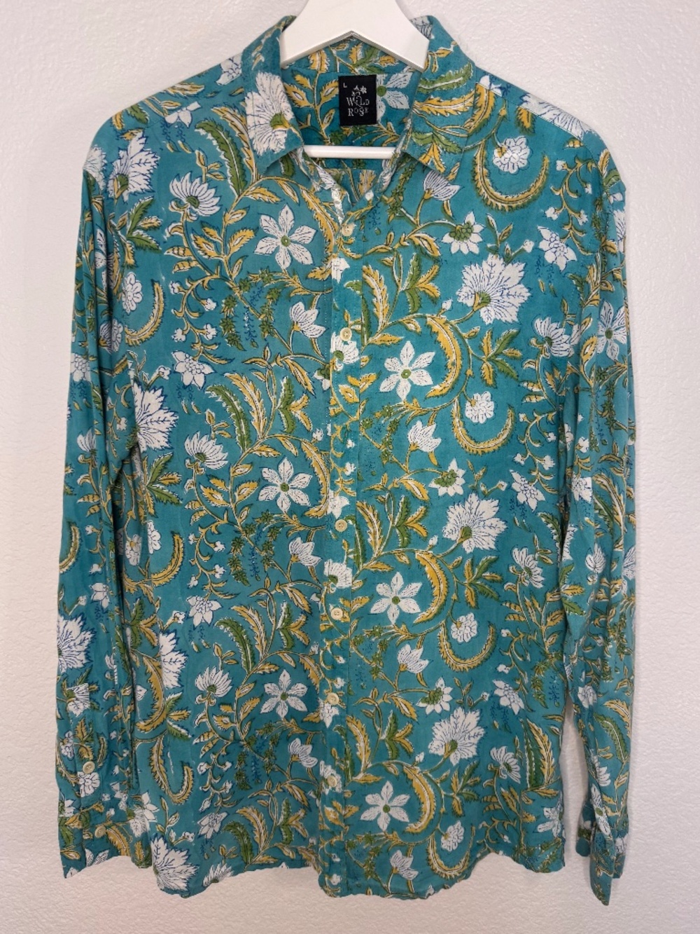 Wild Rose Unisex hand-block printed slow fashion ethical floral button-down - L